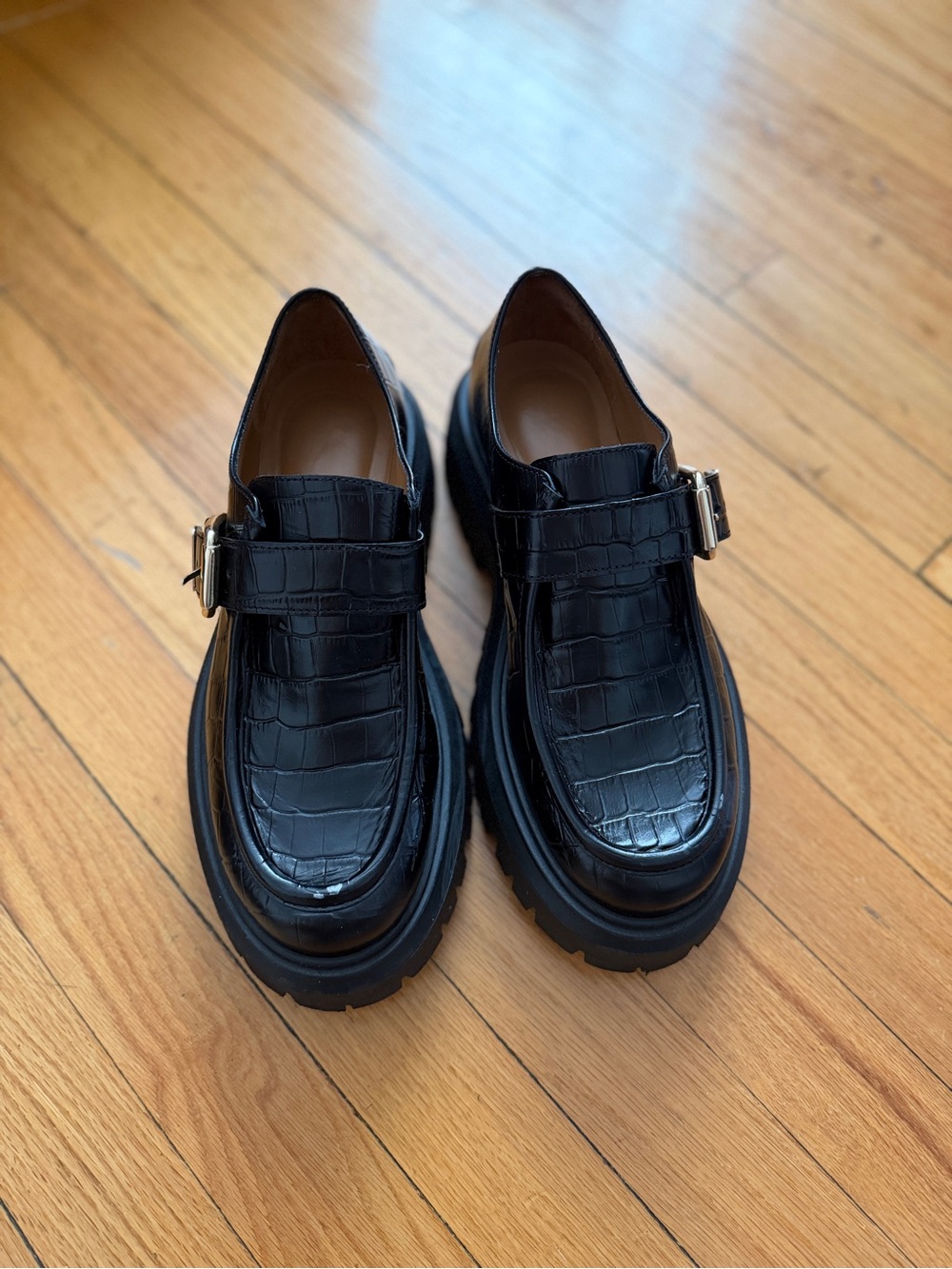 Maje Ferbie buckled platform flats featuring black crocodile-effect leather